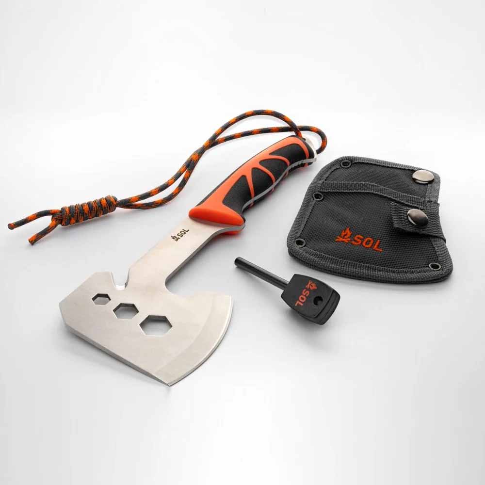 SOL Stoke Hatchet with Holster and Flint SOL Stoke Camp Hatchet kit including blade cover and flint fire starter