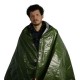 sol-sport-utility-blanket-worn.jpg Person wearing SOL green survival blanket with reflective lining for emergency warmth