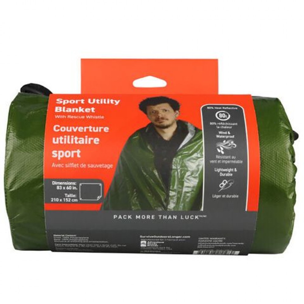 sol-sport-utility-blanket-retail-packaging.jpg SOL Sport Utility Blanket in olive green packaging with whistle and size details visible
