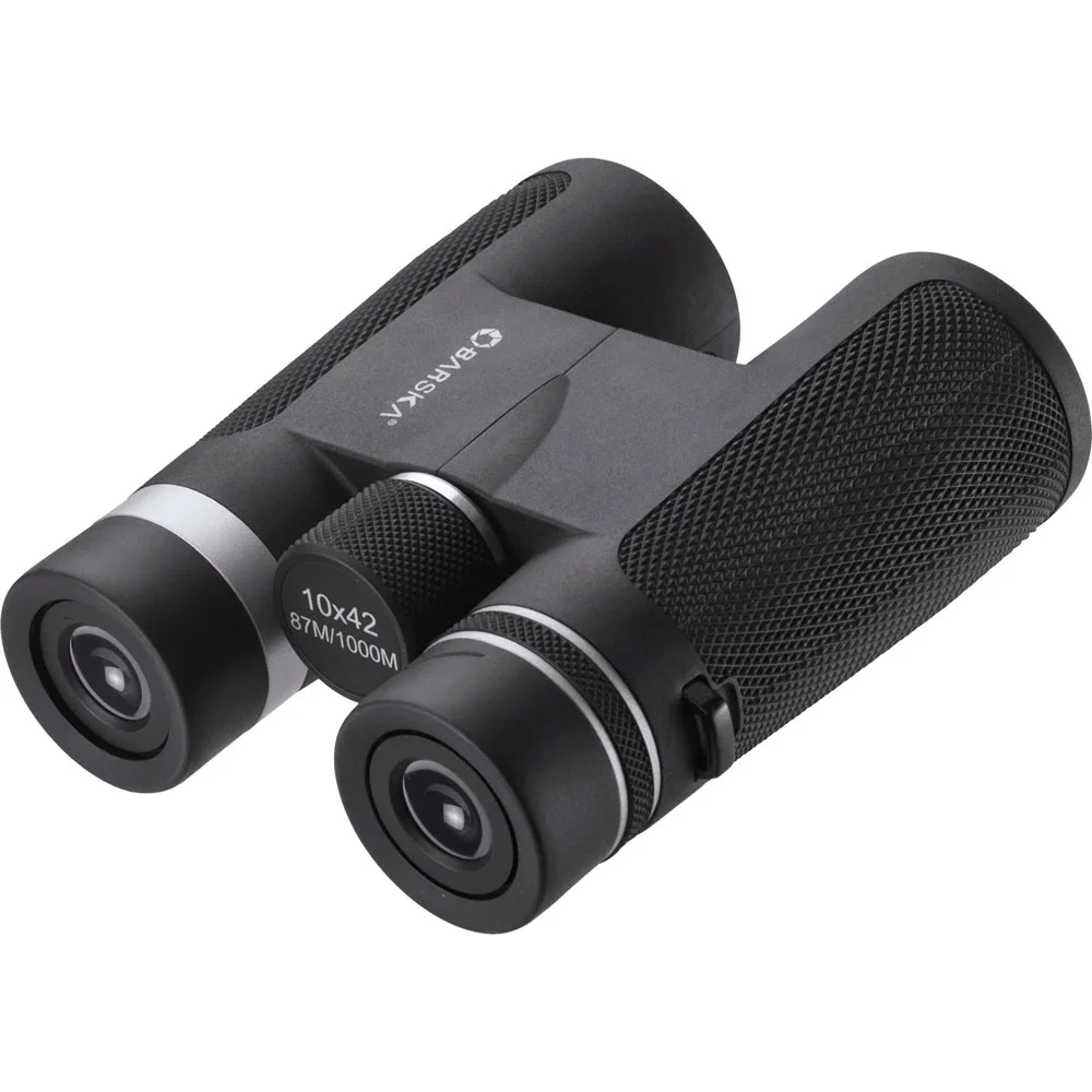 10x42 compact binoculars with textured black body and multi-coated lenses, delivering clear long-range viewing for birdwatching, wildlife observation, hiking, and outdoor adventures.