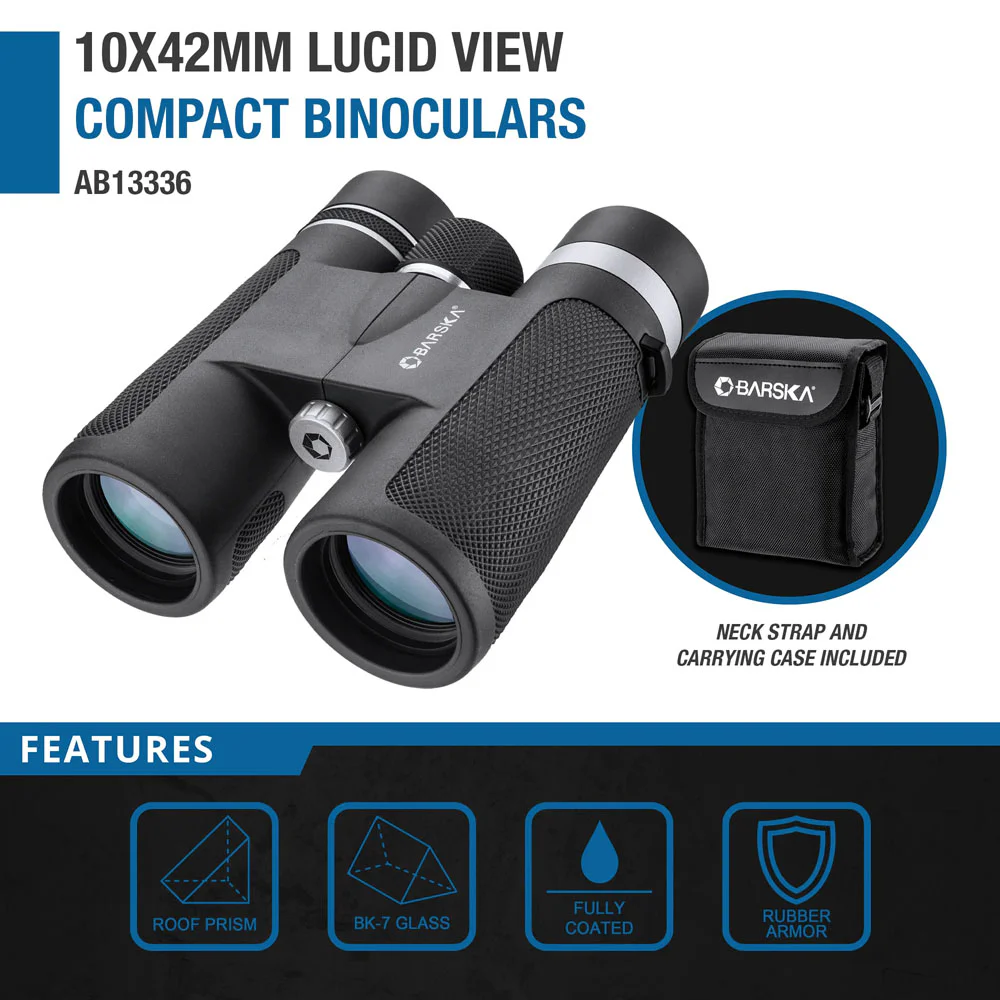 10x42 compact binoculars with textured black body and multi-coated lenses, delivering clear long-range viewing for birdwatching, wildlife observation, hiking, and outdoor adventures.
