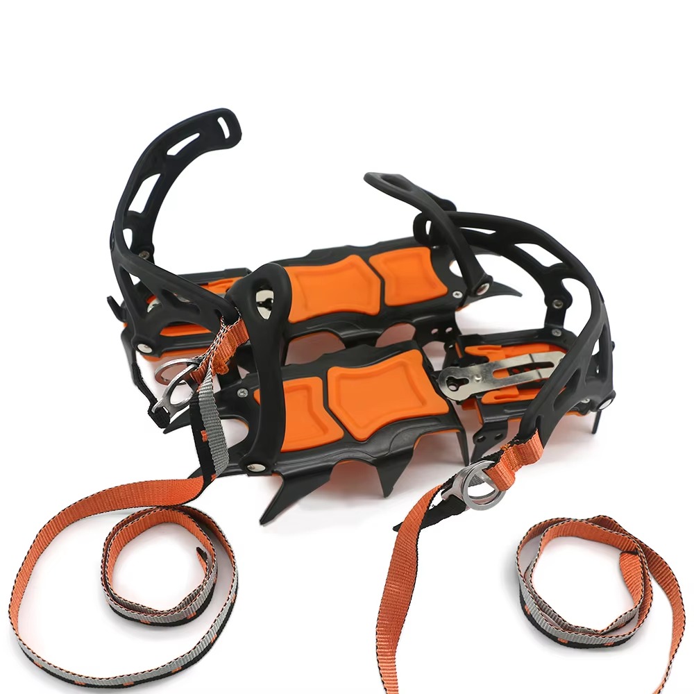 Adjustable 12 teeth ice crampons with anti-slip traction cleats for hiking boots and winter outdoor climbing