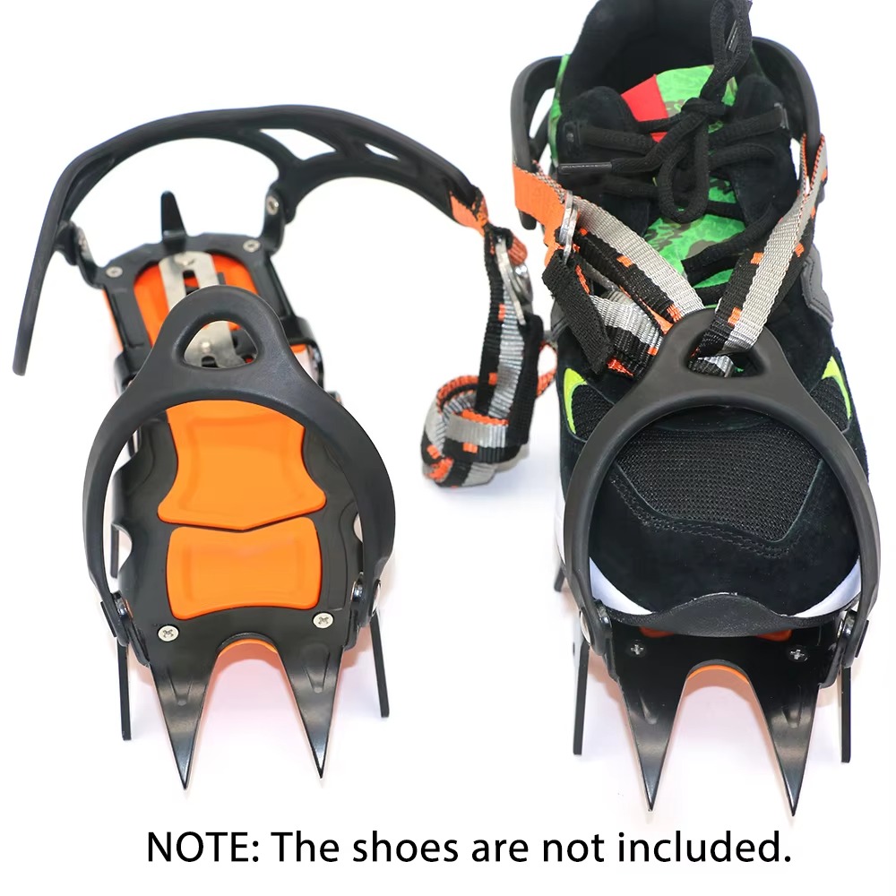 Heavy duty ice traction cleats attached to running shoe for snow hiking, mountaineering and winter trekking