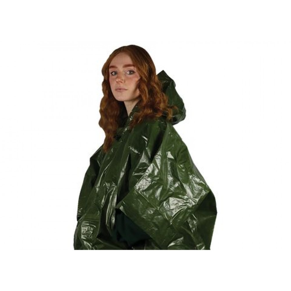 sol-sport-utility-poncho-worn.jpg Model wearing SOL green survival poncho with adjustable hood and full-length coverage