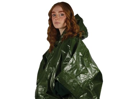 Packaged SOL Sport Utility Poncho in green with whistle and weatherproof features displayed