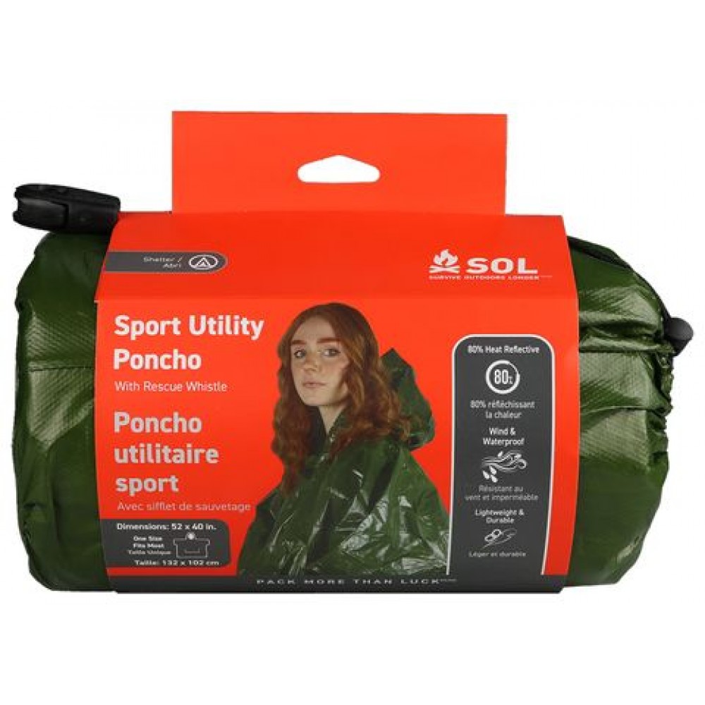 sol-sport-utility-poncho-green-packaged.jpg Packaged SOL Sport Utility Poncho in green with whistle and weatherproof features displayed