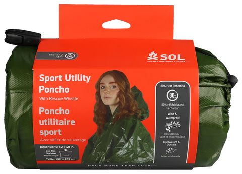 Packaged SOL Sport Utility Poncho in green with whistle and weatherproof features displayed