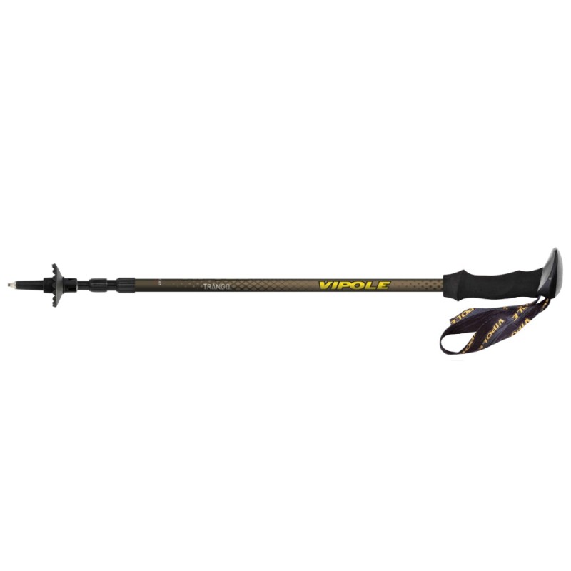 Side view of Vipole Trango adjustable trekking pole with ergonomic grip, wrist strap, and trekking tip