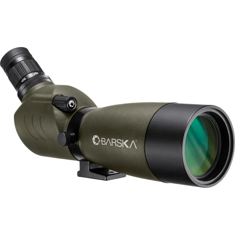 Waterproof 20-60x60 angled spotting scope with green armored body and zoom eyepiece, ideal for birdwatching, target shooting, wildlife observation, and long-range outdoor viewing.
