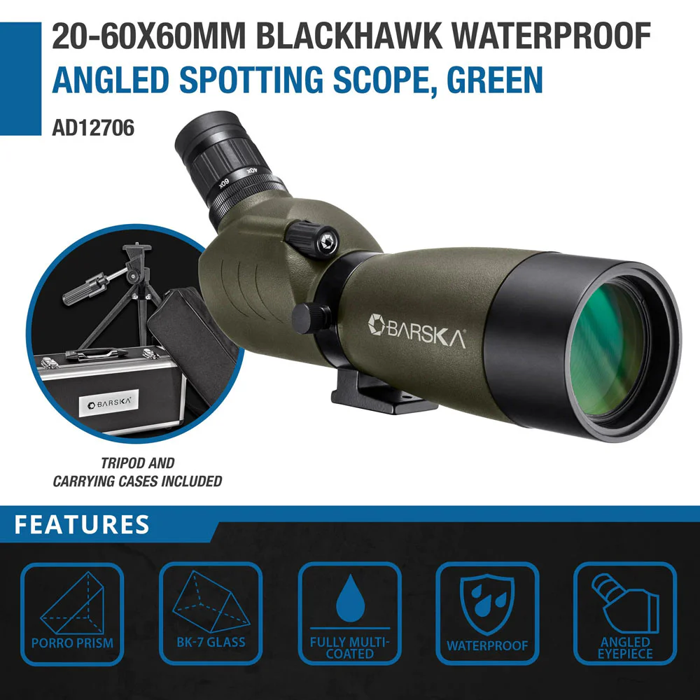 Waterproof 20-60x60 angled spotting scope with green armored body and zoom eyepiece, ideal for birdwatching, target shooting, wildlife observation, and long-range outdoor viewing.