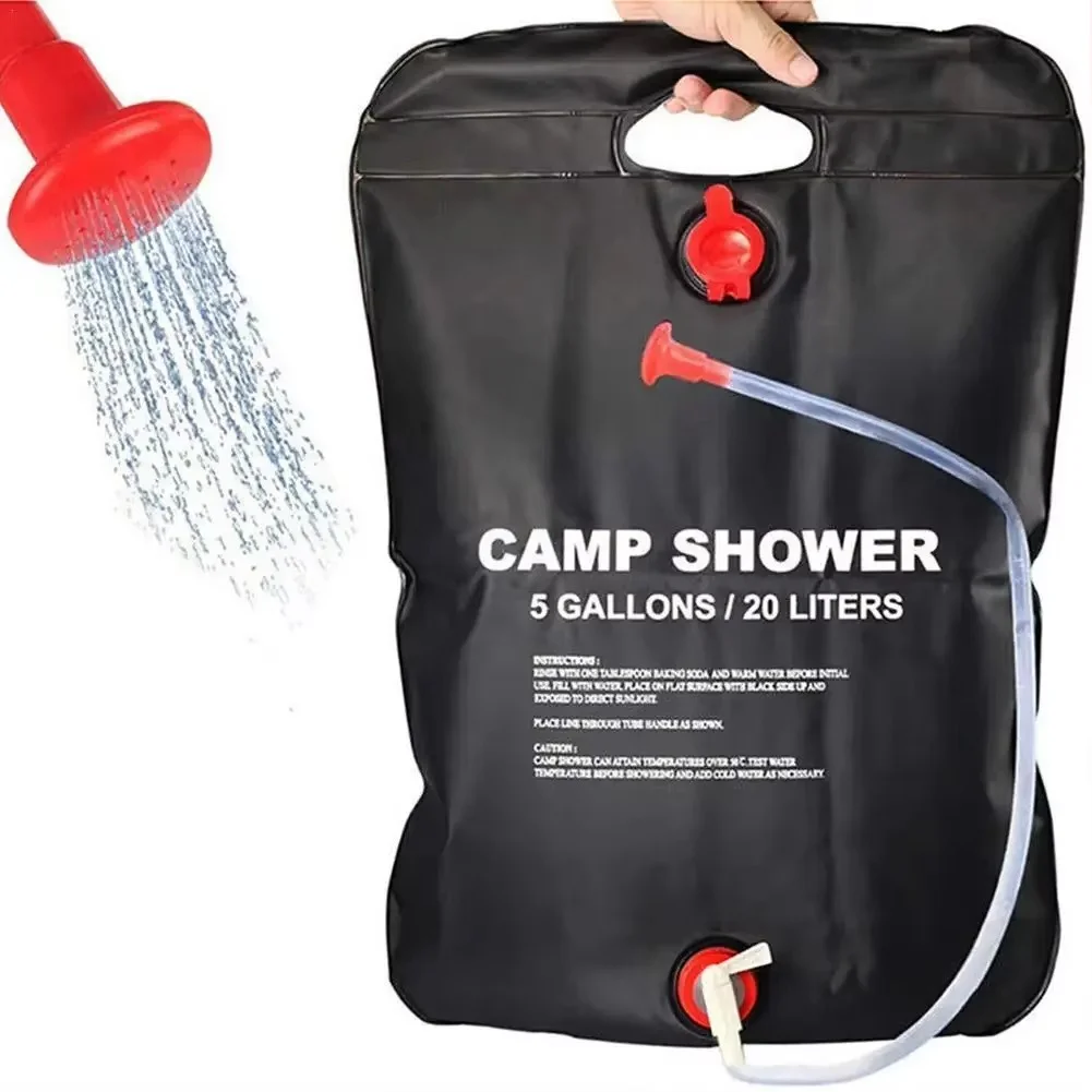 20L foldable solar shower bag with hanging handle, flexible hose and shower head attachment designed for camping, hiking, beach trips, caravanning and outdoor bathing with sun-heated water.