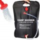 20L foldable solar shower bag with hanging handle, flexible hose and shower head attachment designed for camping, hiking, beach trips, caravanning and outdoor bathing with sun-heated water.
