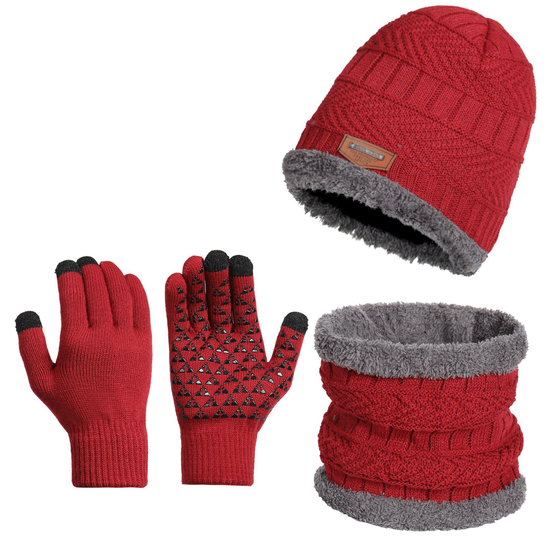 Winter accessory set featuring a fleece-lined navy blue beanie, matching neck warmer, and touchscreen-compatible knit gloves for warmth and comfort in cold weather.