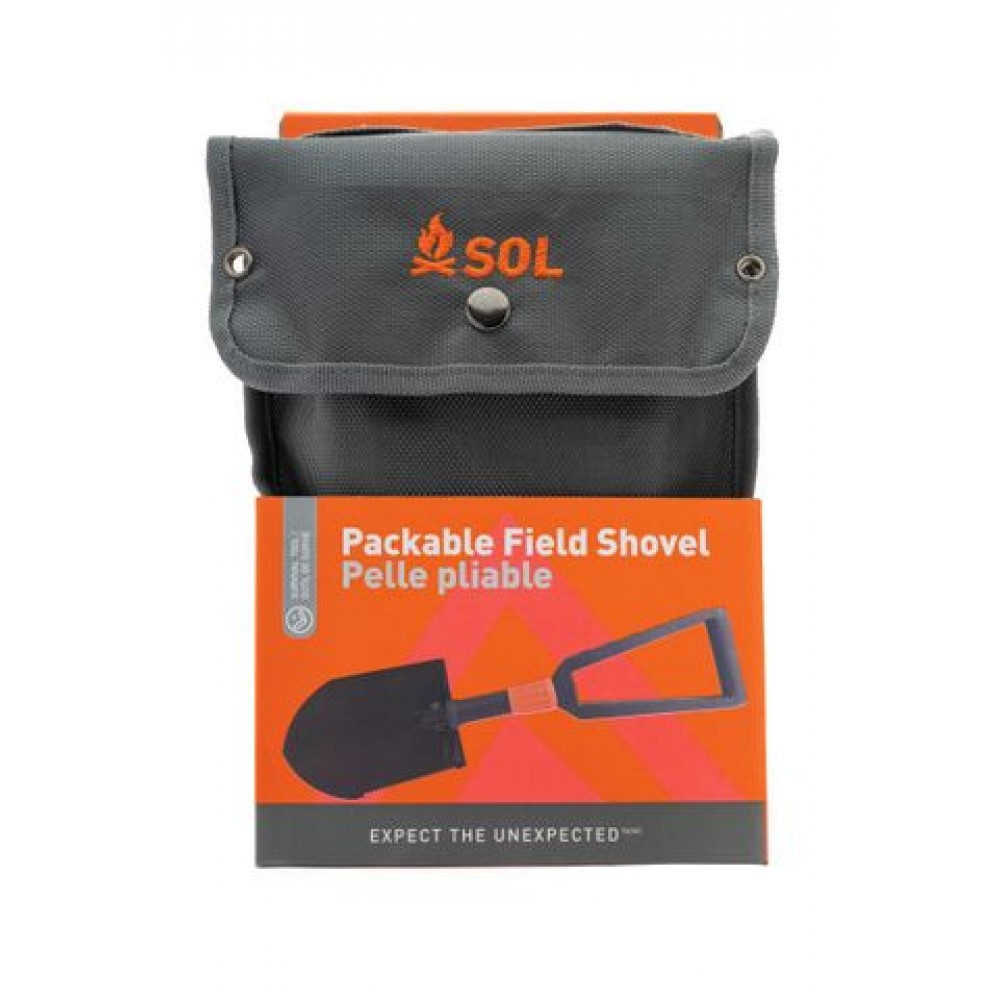 sol-field-shovel-retail-front Front retail packaging of SOL Packable Field Shovel with visible product and brand logo