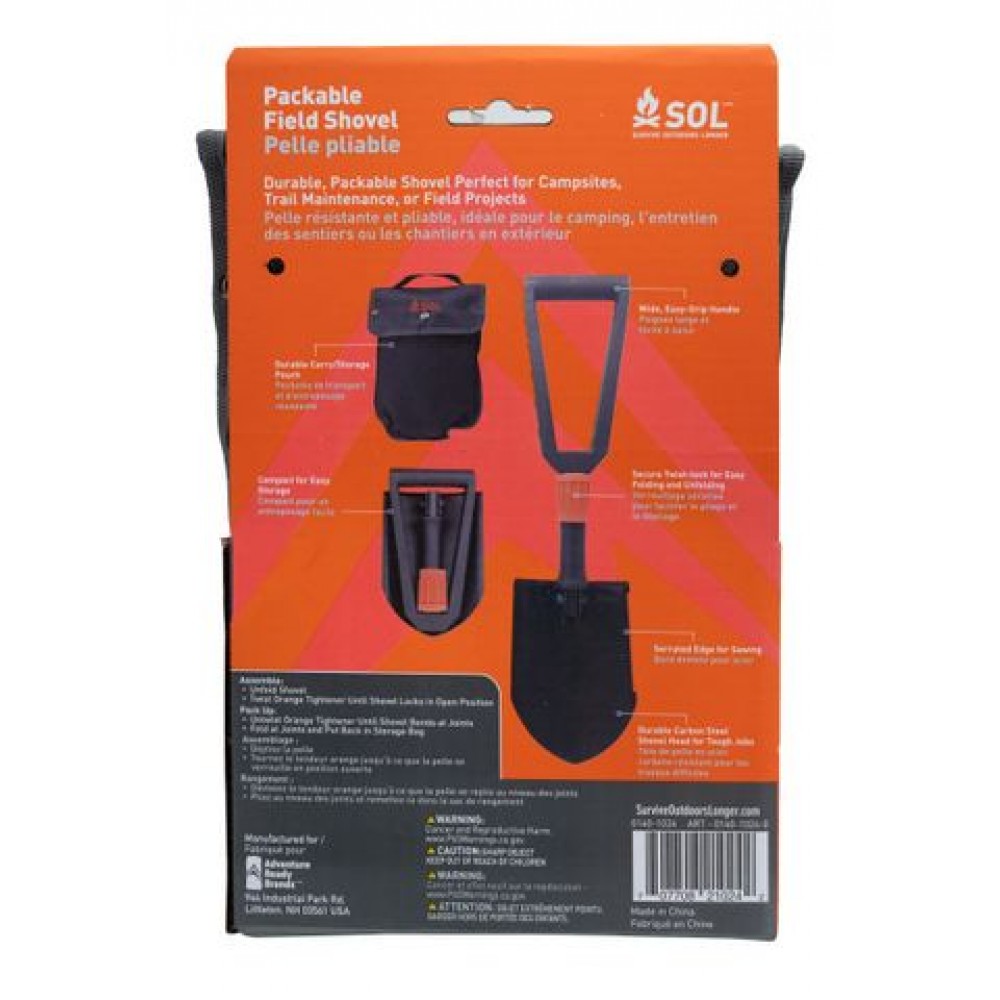 sol-field-shovel-retail-back Rear of packaging showing product specifications, features, and illustrations