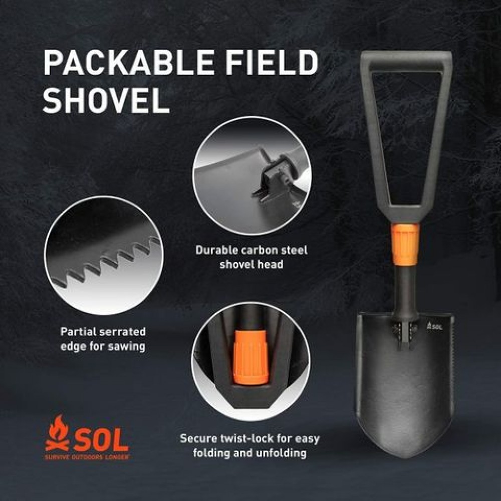 sol-packable-field-shovel-features Infographic highlighting carbon steel head, twist-lock mechanism, and serrated edge of SOL shovel