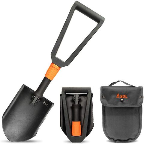 SOL folding shovel shown fully extended, folded, and packed in nylon pouch