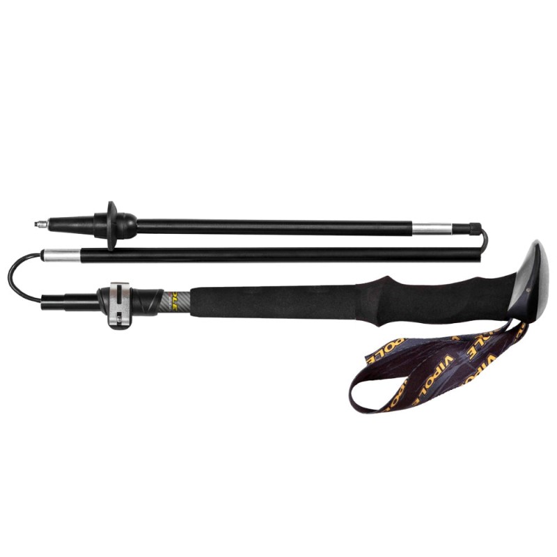 Collapsed Vipole Trango trekking pole showing foldable sections, ergonomic handle, and wrist strap for compact storage