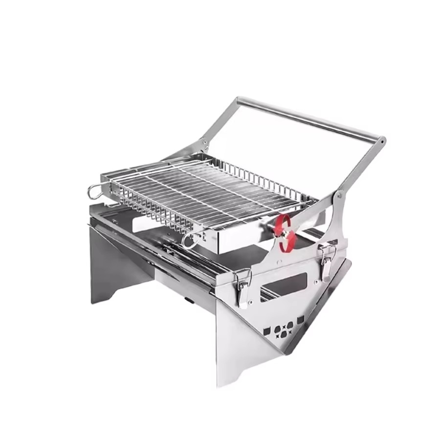 Portable stainless steel BBQ grill with 360 degree rotating rack, foldable frame, and compact design for outdoor cooking