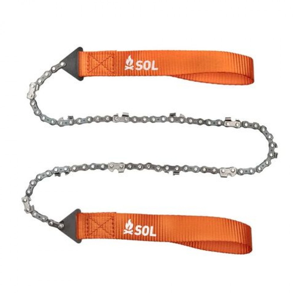 sol-pocket-chain-saw-laid-flat 26-inch carbon steel chain saw with 11 teeth and reinforced orange handles