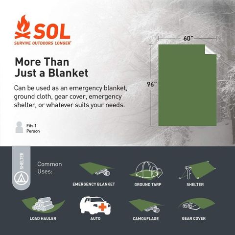 SOL Heavy Duty Blanket Packaging – Front View Front of SOL Emergency Blanket retail package showing 2X strength and heat reflection