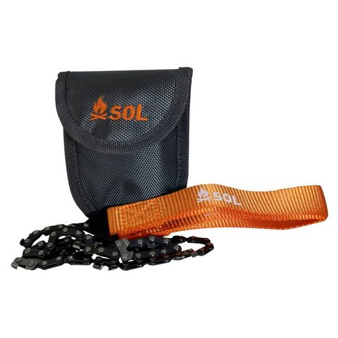 SOL Pocket Chain Saw with orange webbing handles and compact carry pouch
