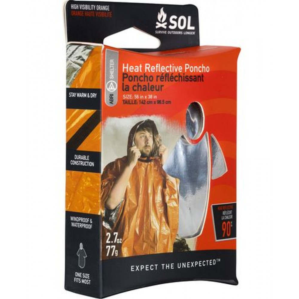 sol-heat-reflective-poncho-packaging-front Retail box of SOL Heat Reflective Poncho with image of high-visibility emergency poncho