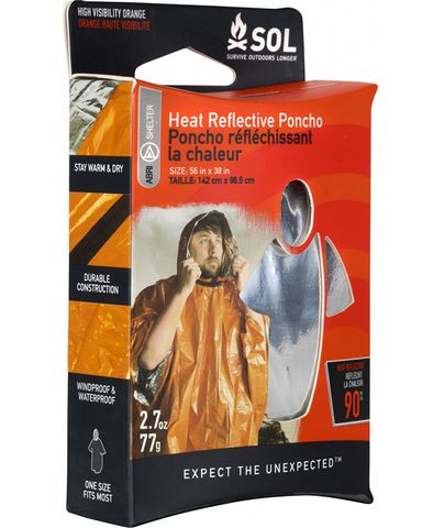 Retail box of SOL Heat Reflective Poncho with image of high-visibility emergency poncho