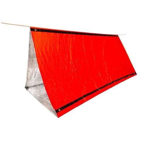Orange reflective SOL Emergency Tent rigged as a two-person survival shelter in the woods