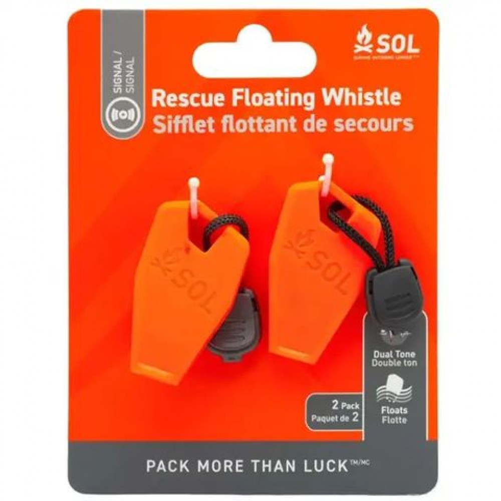 ol-rescue-whistle-2-pack-front.jpg SOL Rescue Floating Whistle 2 Pack with high-visibility orange design and lanyards