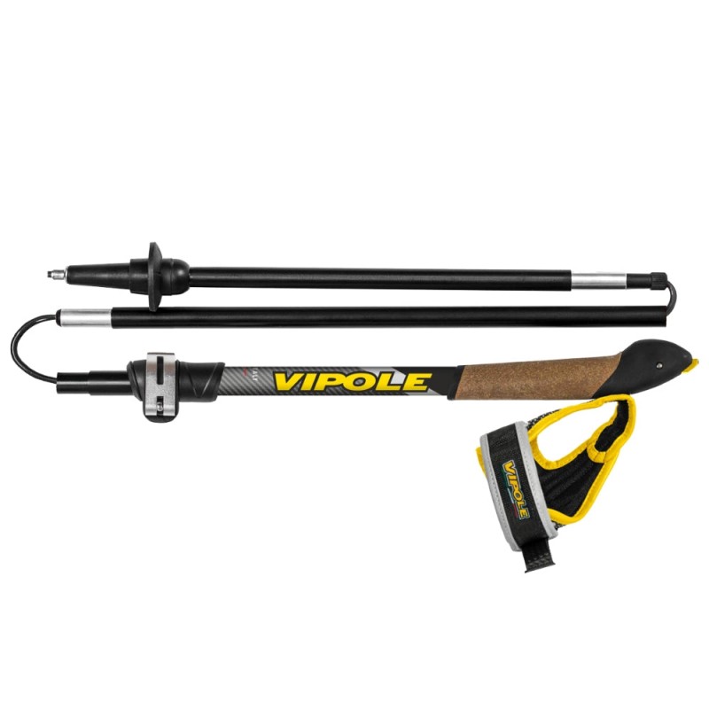 Collapsed Vipole trekking pole showing foldable sections, cork ergonomic handle, and adjustable wrist strap for compact storage