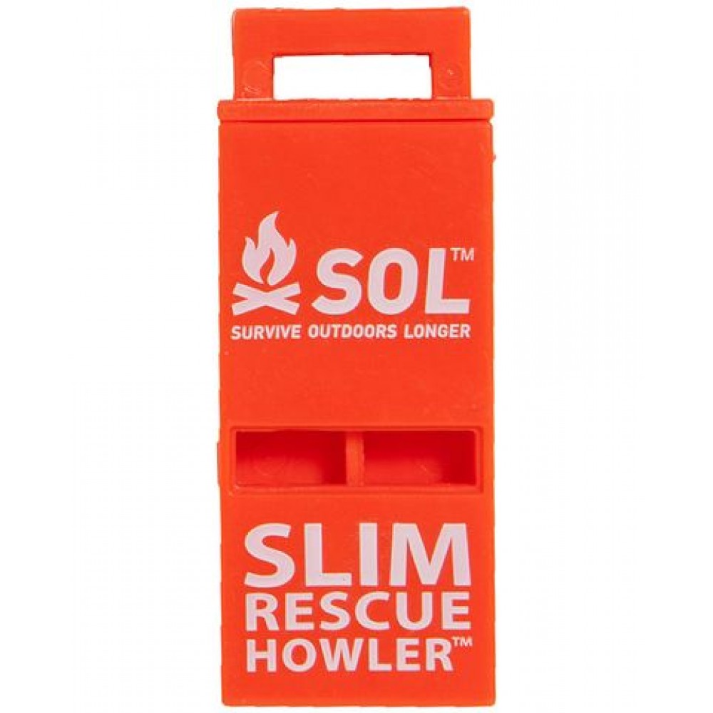 Close-up of SOL Slim Rescue Howler Whistle in high-visibility orange