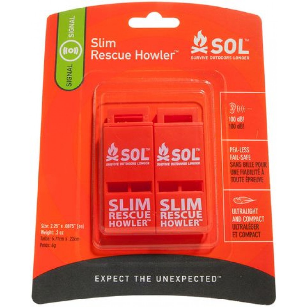 SOL Rescue Howler Whistle 2 Pack in retail packaging with 100 dB rating