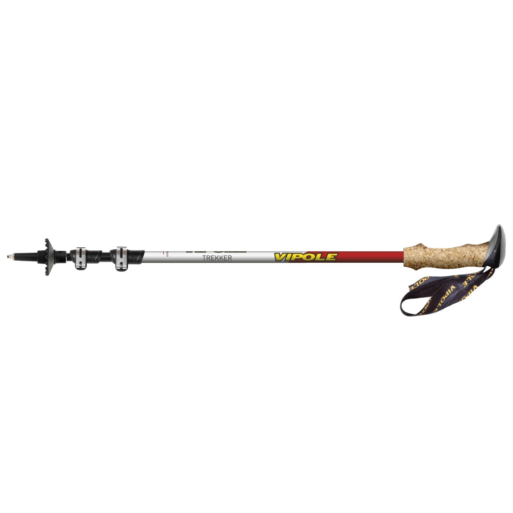 Vipole Trekker red aluminium trekking pole with adjustable shaft, cork ergonomic handle, and wrist strap for hiking and trekking