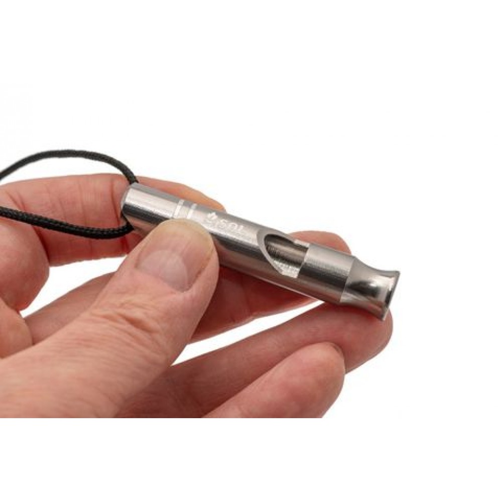 Close-up of single SOL metal whistle showing pealess design and keyring loop