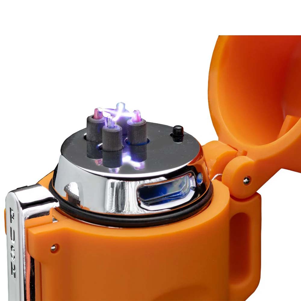 Detailed view of the SOL Fire Lite Fuel-Free Lighter's dual arc plasma flame for easy fire starting