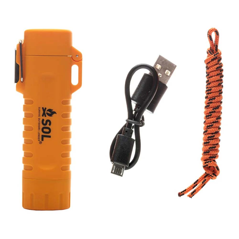 SOL Fire Lite Lighter with included micro USB charging cable and fire-starting tinder cord laid out on white background