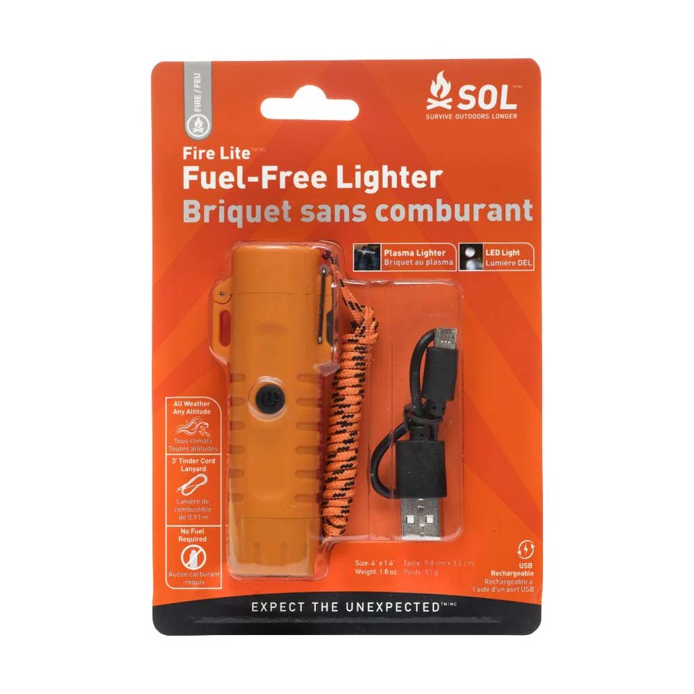 SOL Fire Lite Fuel-Free Lighter in orange retail pack with charging cable and tinder cord visible