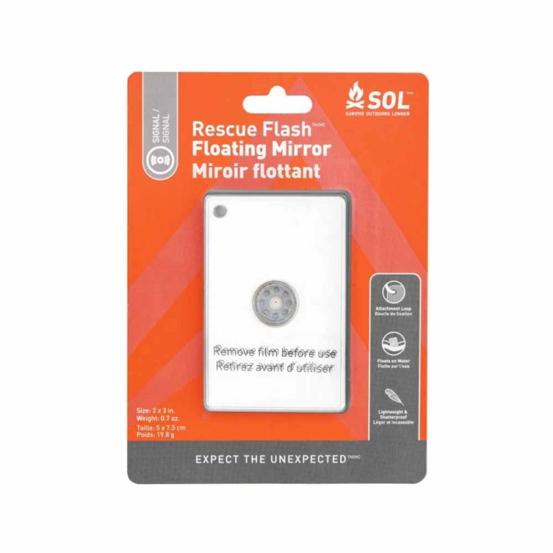 Retail packaging of SOL Rescue Flash Floating Mirror showing usage features