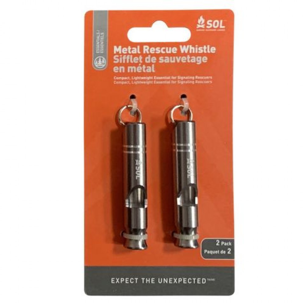 SOL Rescue Metal Whistles in a 2-pack with rust-resistant aluminum bodies