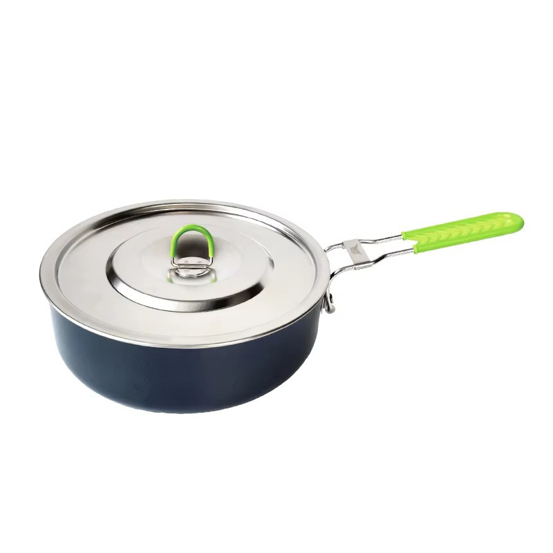 Top view of BRS ultralight non-stick camping fry pan featuring stainless steel lid and foldable silicone handle