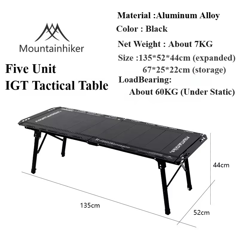 Foldable black aluminum Mountainhiker IGT tactical table with five-unit layout.