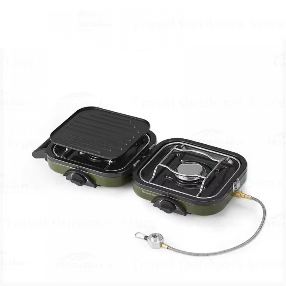 Opened dual burner portable gas stove showing grill and burner configuration for camping use