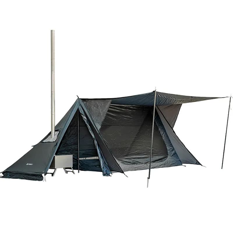 Full view of POMOLY STOVEHUT 20 tent with extended awning and stove jack