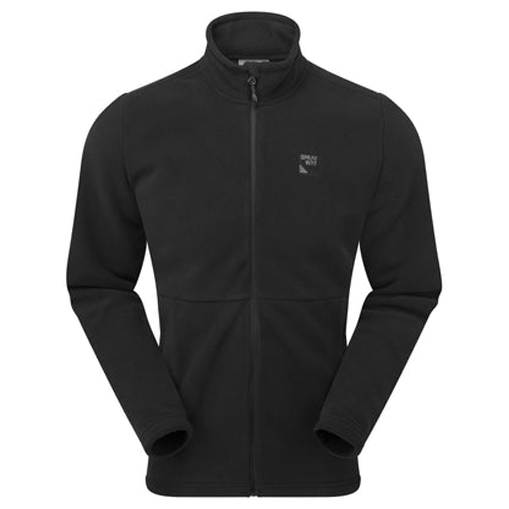 Sprayway Calver men’s fleece jacket in black, full front zip design with high collar on white background.