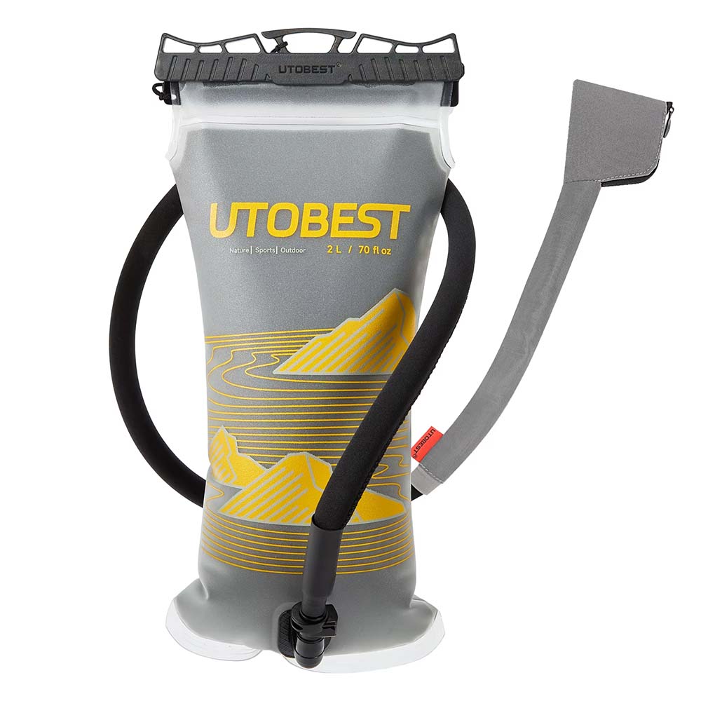 Yellow version of the UTOBEST 2L insulated hydration bladder with hose and thermal cover.