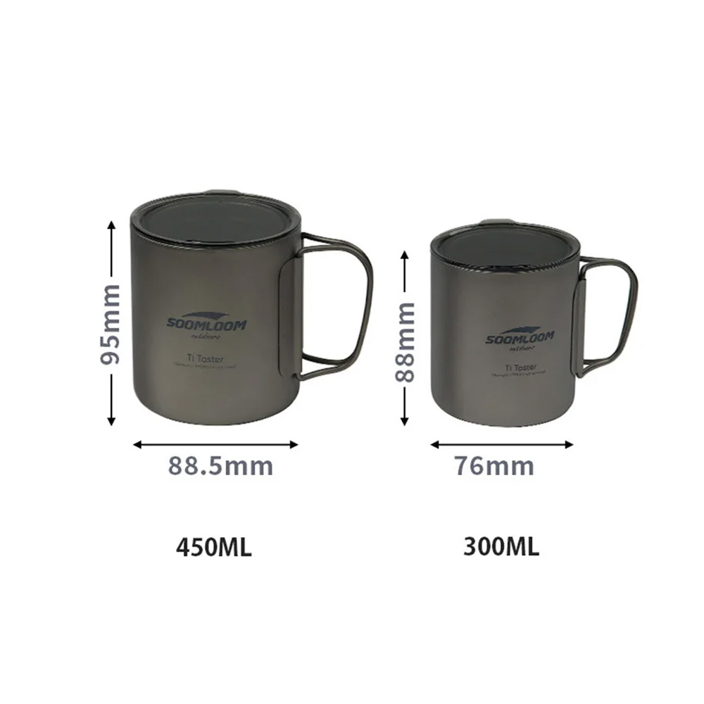 Soomloom titanium mugs in 300ml and 450ml capacities side-by-side with measurements for lightweight outdoor gear