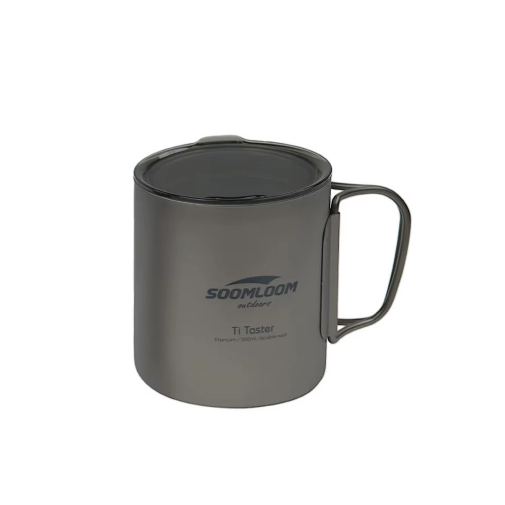 Soomloom double wall titanium camping mug with lid and foldable handle, ideal for outdoor and backpacking use