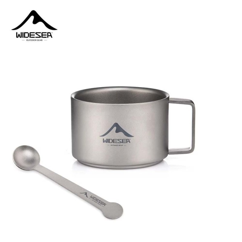 Lightweight 150ml WIDESEA titanium coffee cup with handle and matching spoon
