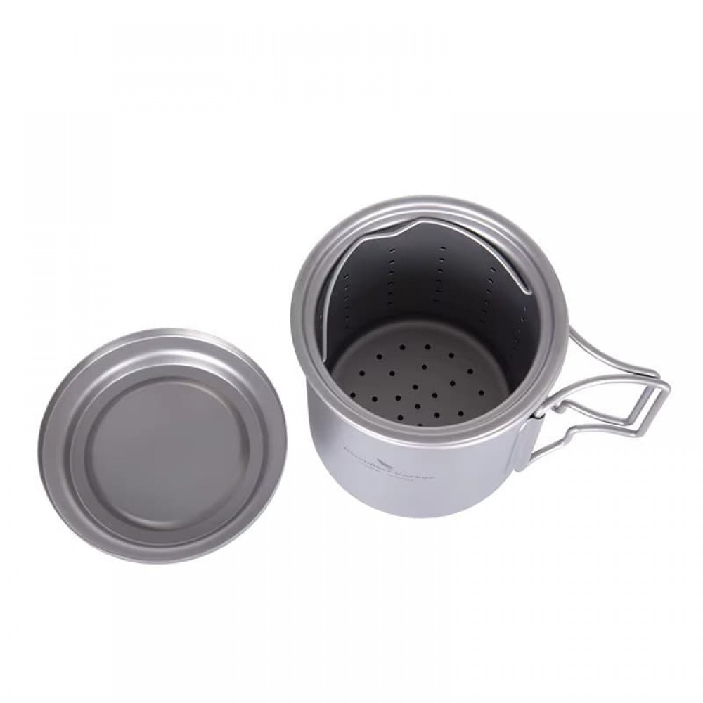 Top view of Boundless Voyage titanium mug with perforated tea strainer and lid placed beside.